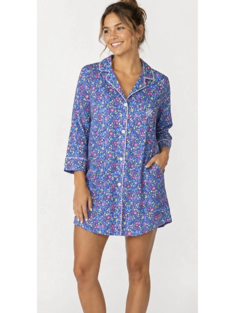 Lauren Ralph Lauren Floral Cotton Sleep Shirt Women’s Medium Embroidered Logo